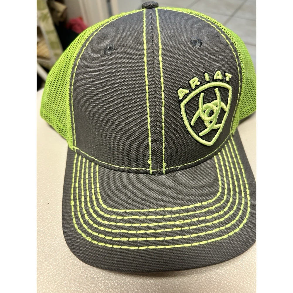 Ariat ‎ Snapback Trucker Hat Gray And Fluorescent Green  One Size Fits Most